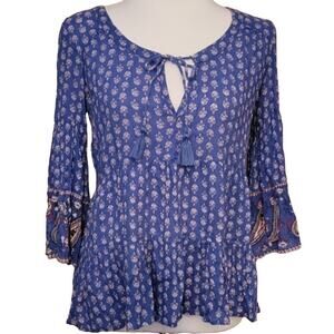 American Eagle Outfitters Blue & Pink Floral Tiered Popover Keyhole Boho Top -XS